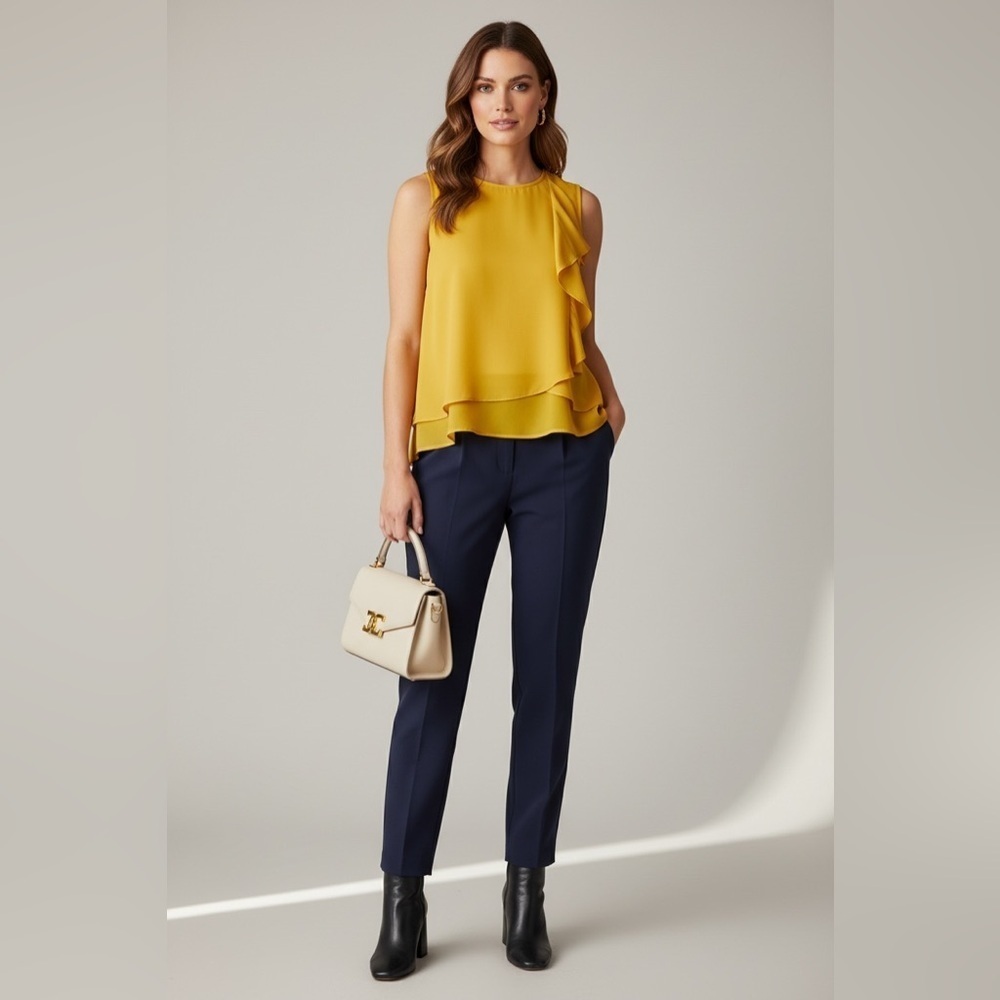 Kenneth Cole New York Mustard Yellow Ruffle Front Sleeveless Blouse Size XS